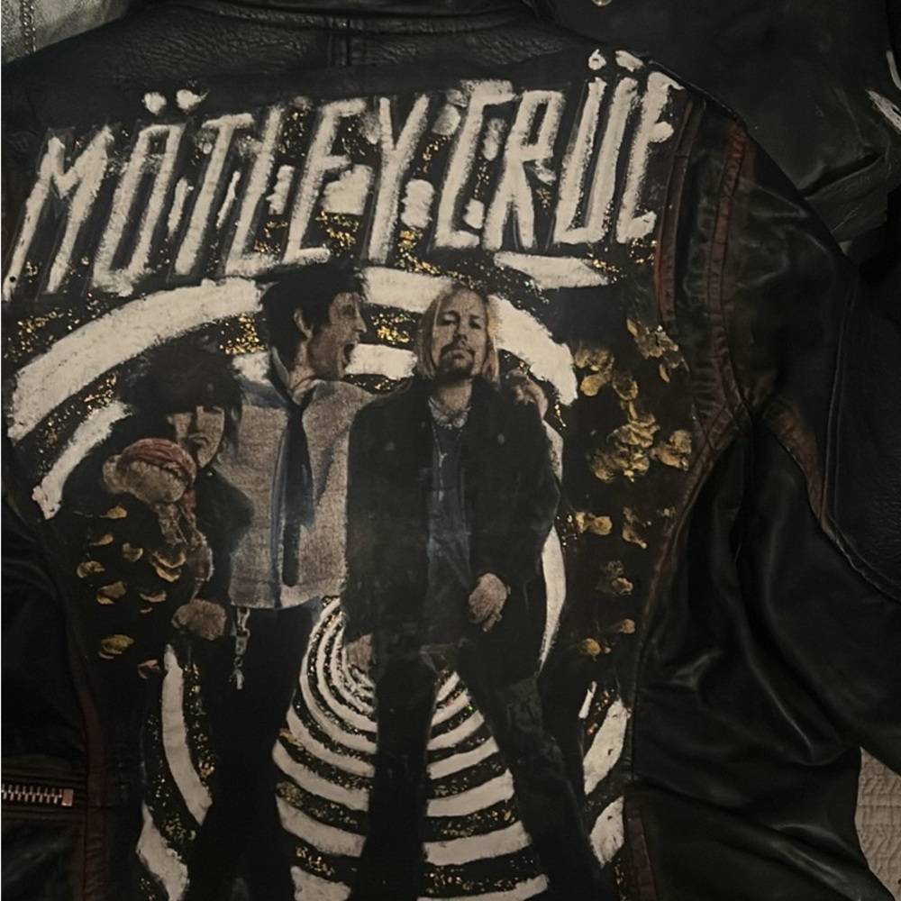 Black Leather Jacket faux Motley Crue custom